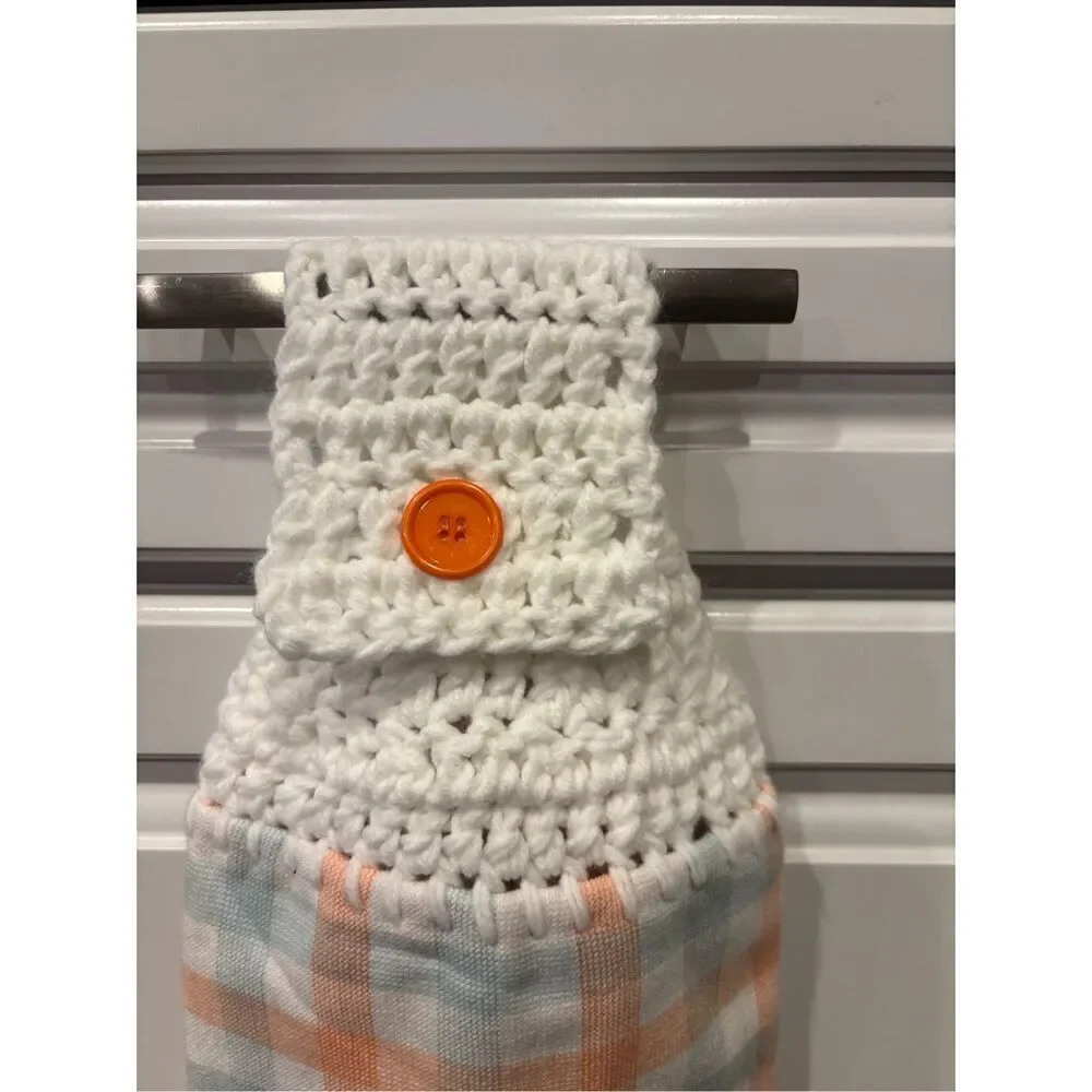 Crochet Top Kitchen Towel- Orange/blue/white checks